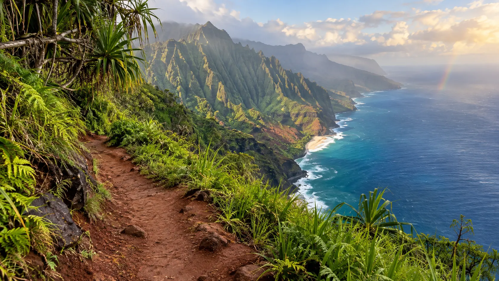 The Kalalau Trail traversing the green cliffs of Kauai's Nā Pali Coast.