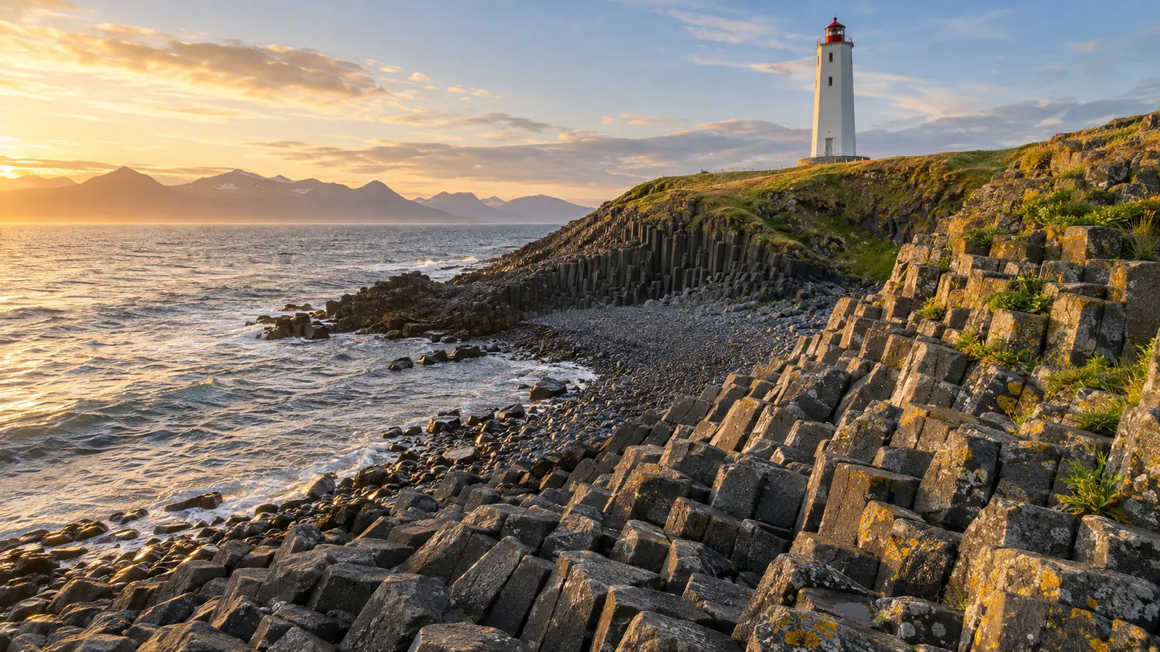 Kálfshamarsvík Lighthouse above geometric basalt columns in the warm midnight sun.