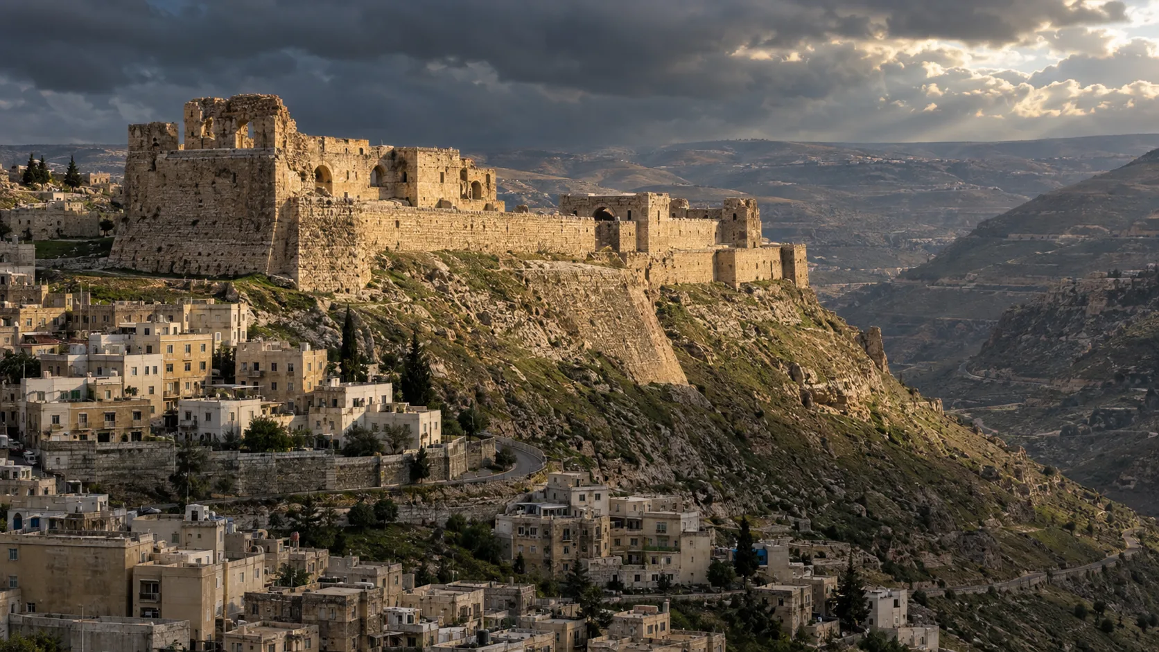 Karak Castle crowning a steep ridge above the town and Wadi Karak beneath storm clouds.