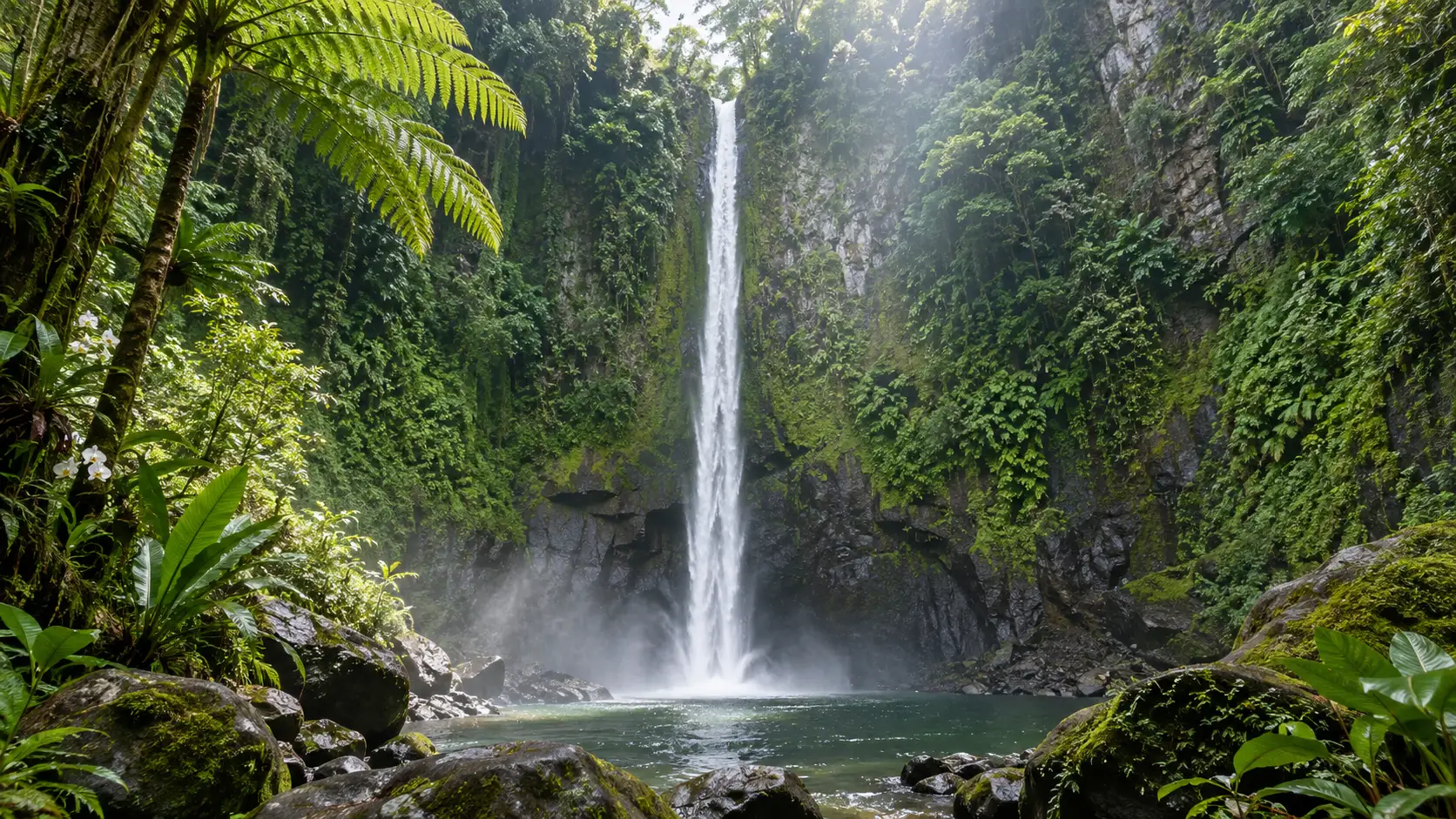 Narrow Katibawasan Falls descending a fern-covered cliff into a forest pool on Camiguin.