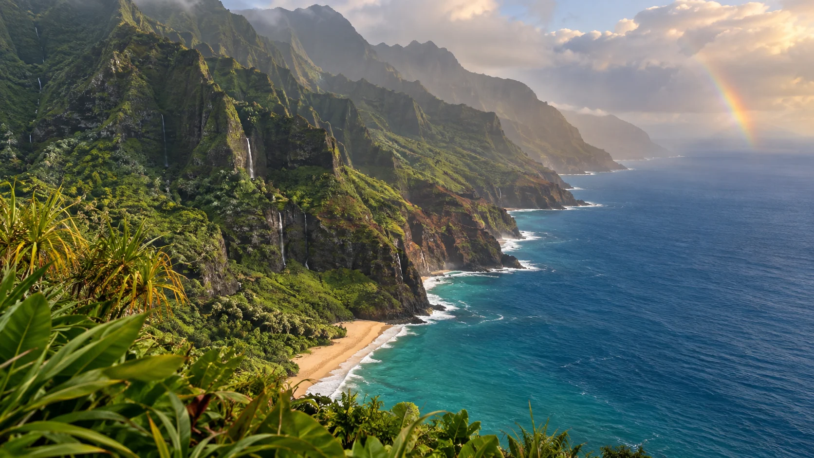Waterfalls, green cliffs and a secluded beach along Kaua‘i's Nā Pali Coast.