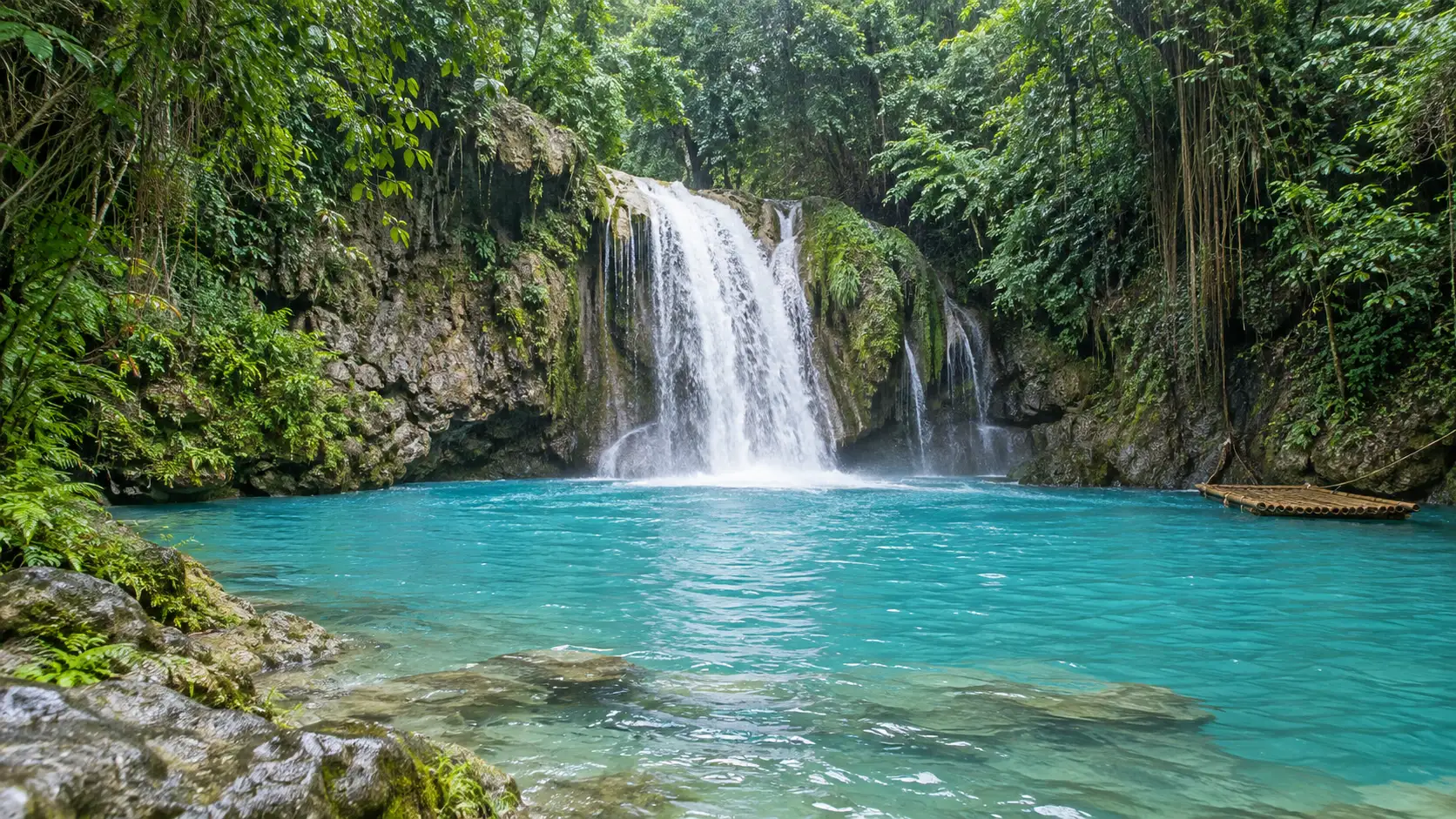 Kawasan Falls pouring into a vivid turquoise jungle pool in Badian, Cebu.