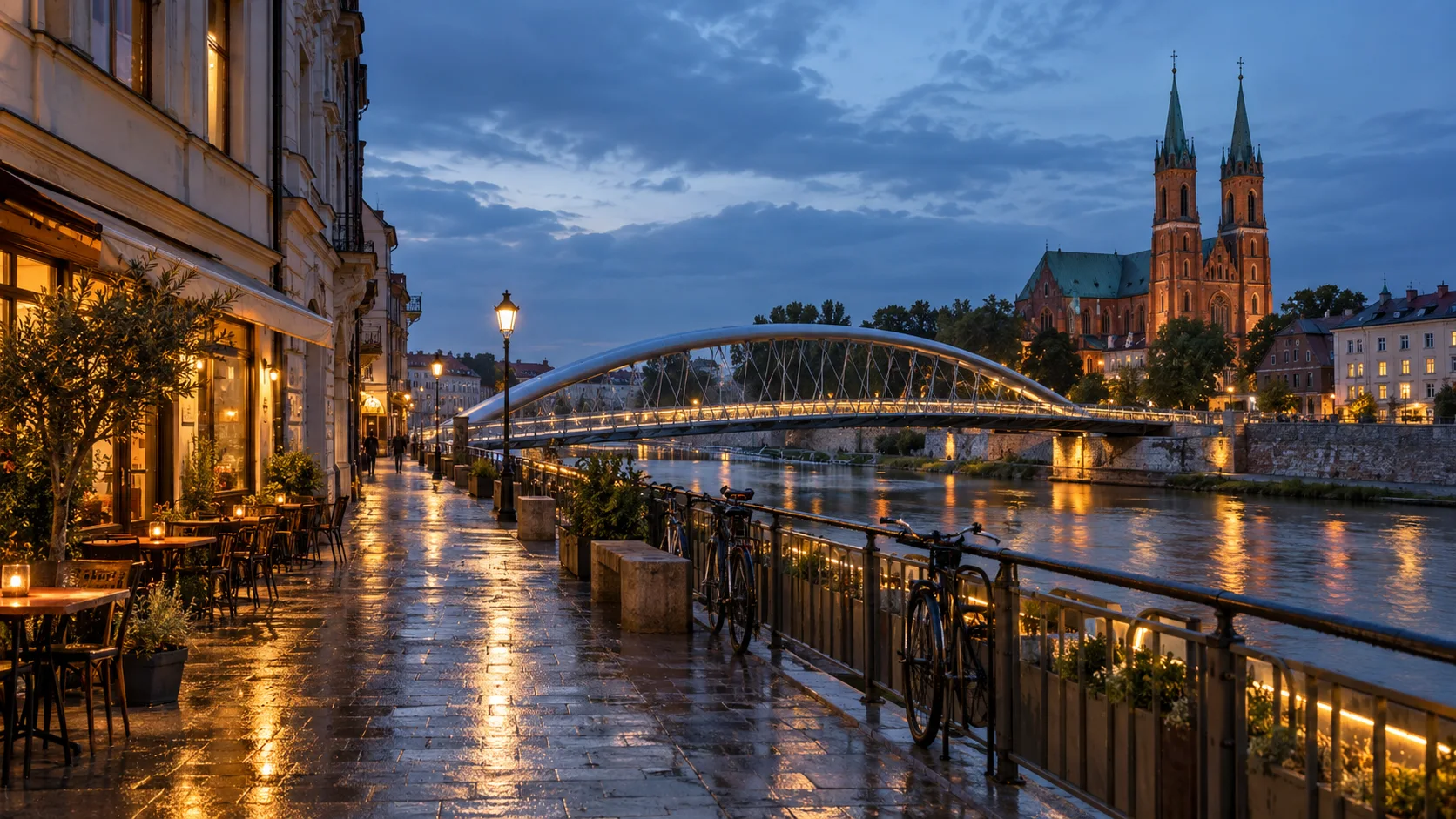 Bernatek footbridge connecting Krakow's Kazimierz and Podgorze districts at blue hour