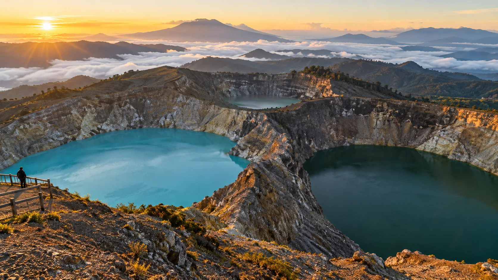 Three differently colored Kelimutu crater lakes glow above a sea of clouds at sunrise.