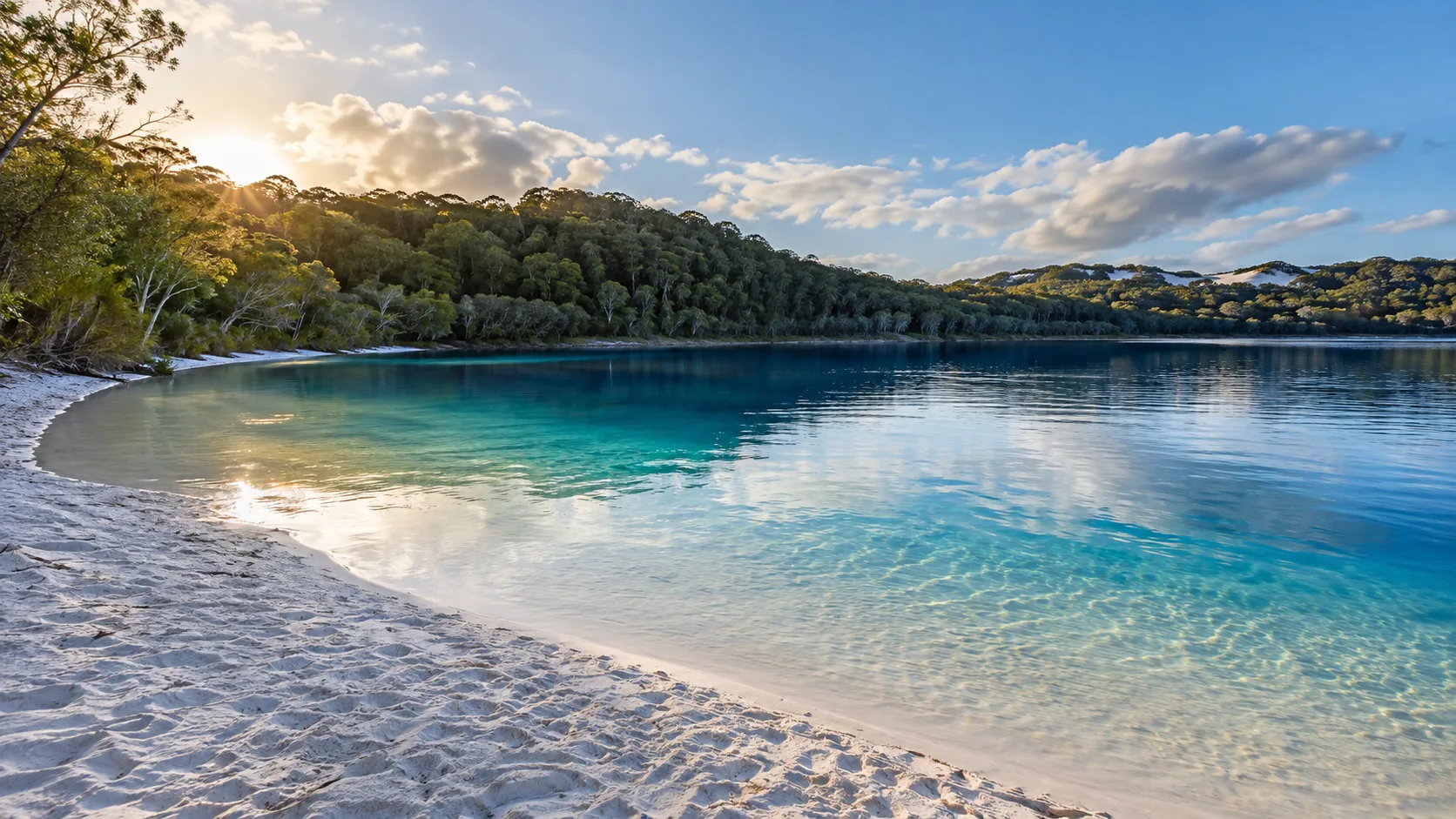 White silica sand and clear blue water at Lake McKenzie on K’gari, Australia.