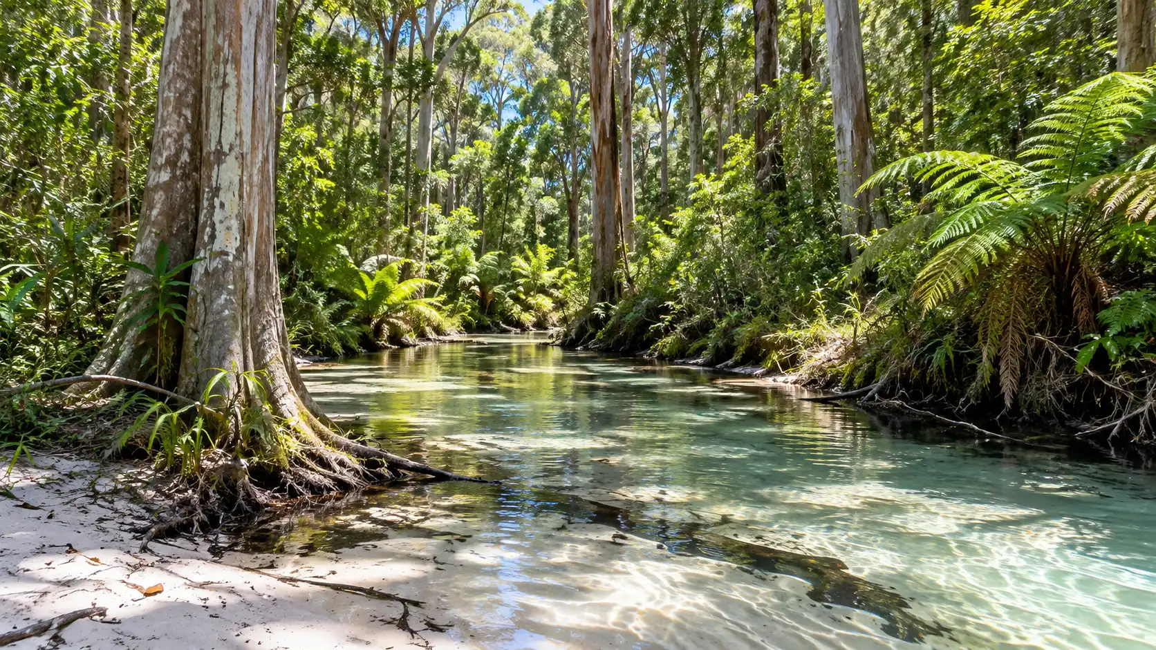 Clear freshwater creek flowing through tall rainforest on K'gari in Queensland