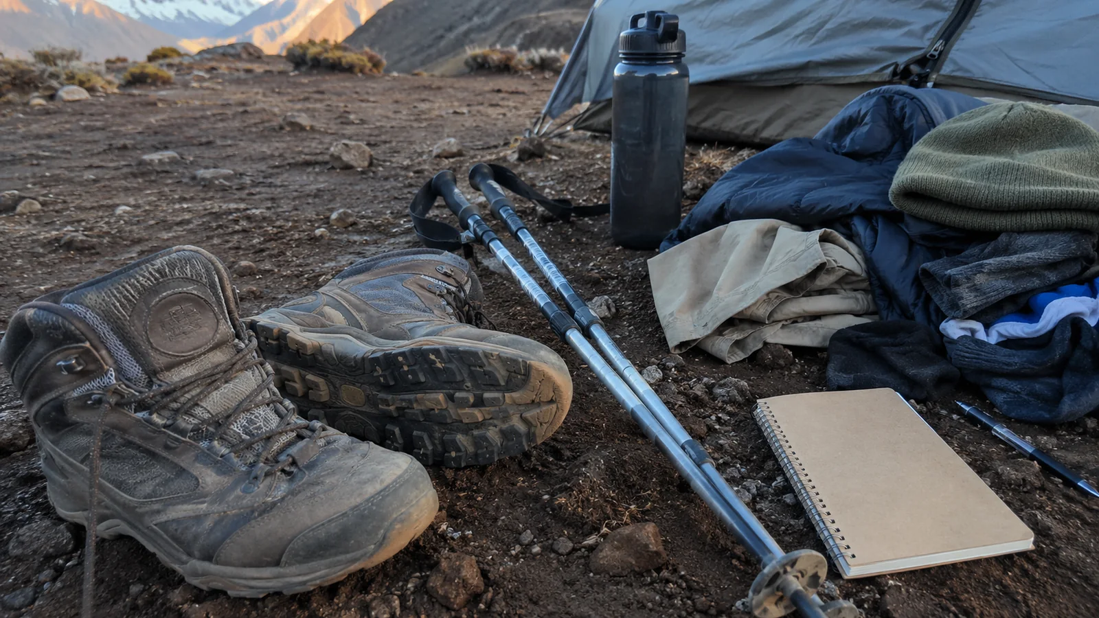 Hiking boots, trekking poles, water bottle, clothing, and notebook on rocky ground