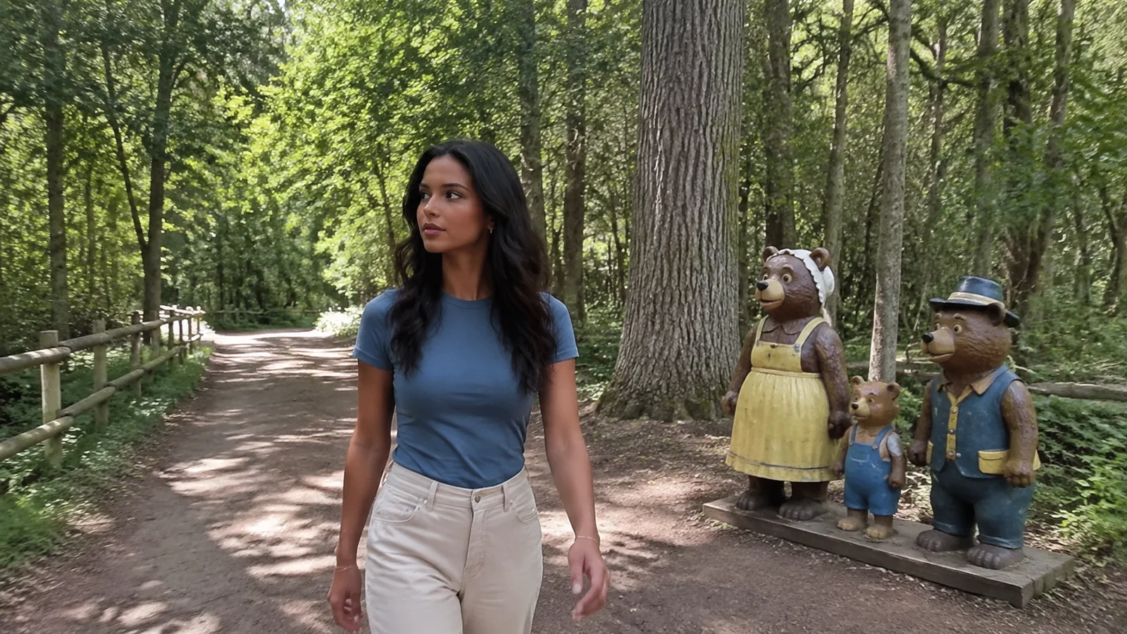Woman walking a woodland path beside carved bear figures.