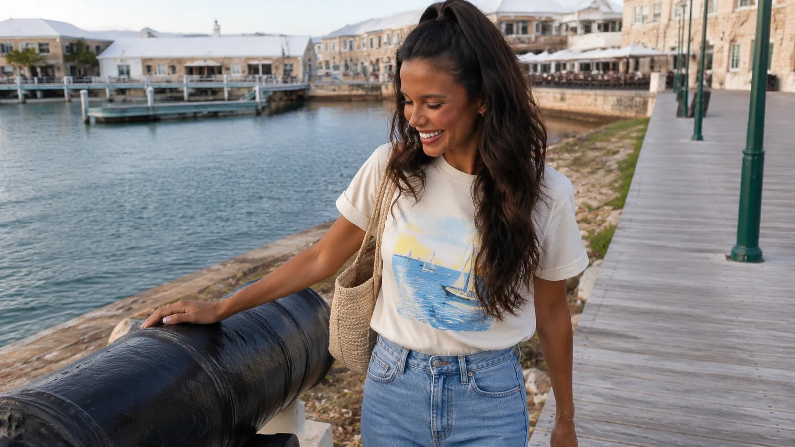 Woman walking along a waterfront dock