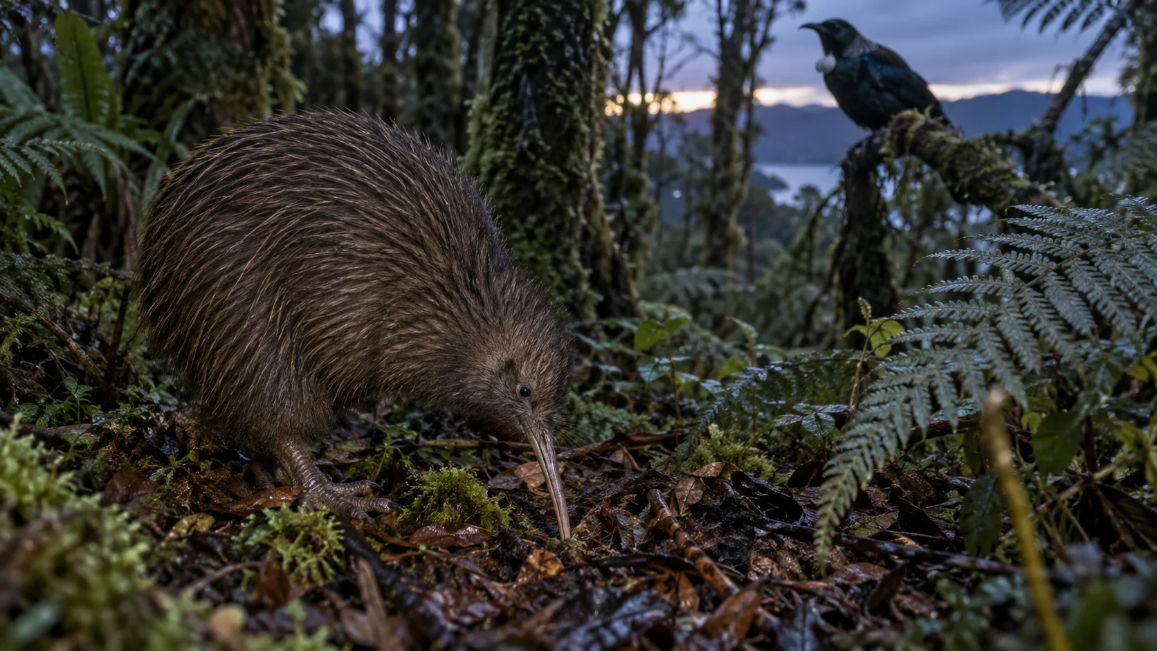 Wild brown kiwi foraging among moss and silver ferns with a tui nearby