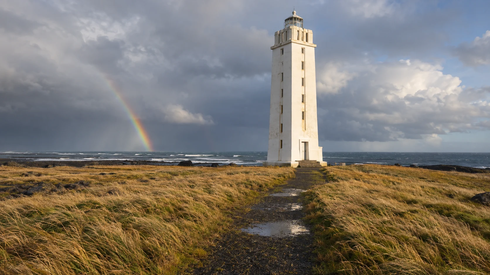 Tall white Knarrarósviti lighthouse in windswept grass with a rainbow over the South Iceland coast.
