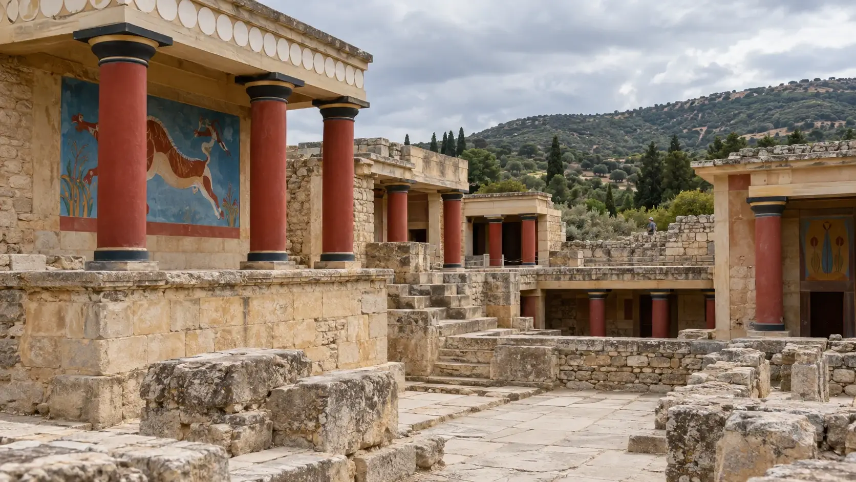 Red Minoan columns and reconstructed palace buildings at Knossos on Crete