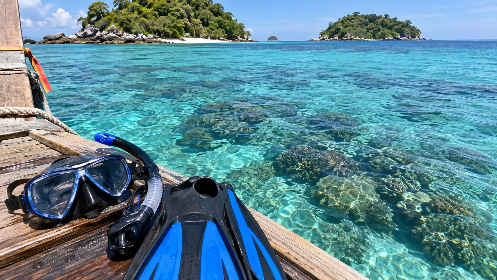 Snorkel gear beside clear coral water near Koh Lipe