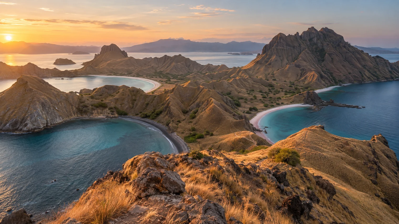 Three crescent bays curve around the sunlit ridges of Padar Island in Komodo National Park.