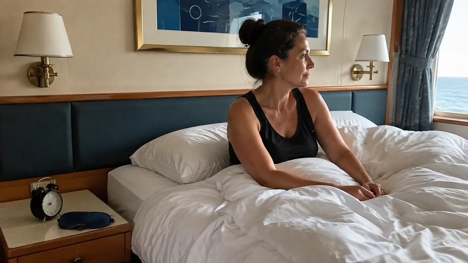 Woman sits up in bed beside a clock and sleep mask.
