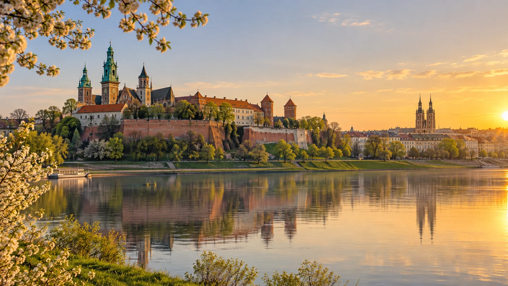 Wawel Castle and Krakow Old Town reflected in the Vistula River at sunrise
