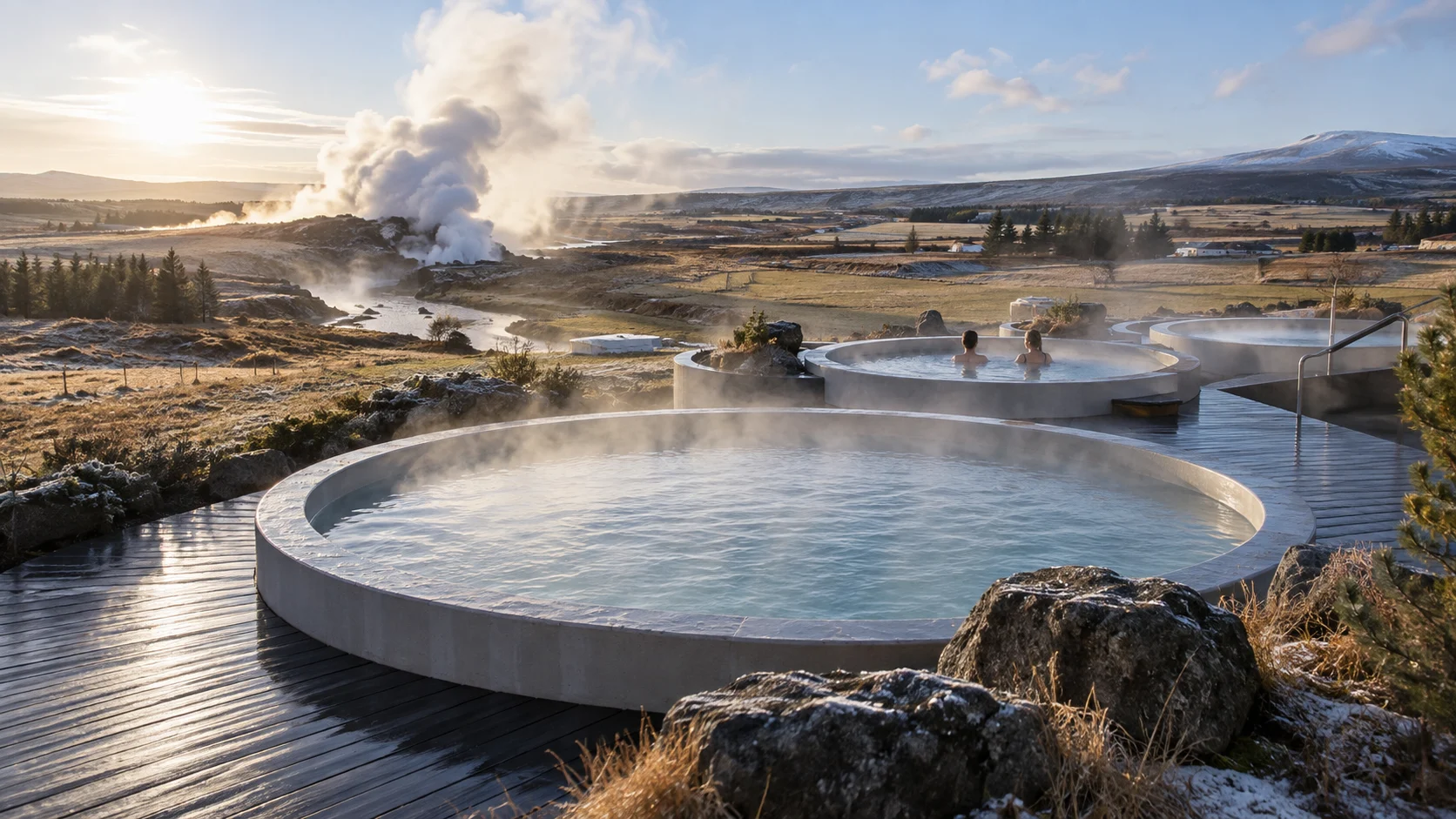Circular steaming pools at Krauma beside the Deildartunguhver hot spring
