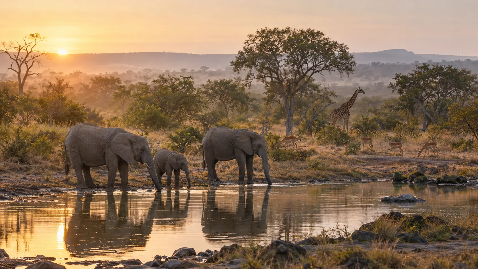 An elephant family drinks at a sunrise waterhole in Kruger National Park, South Africa.