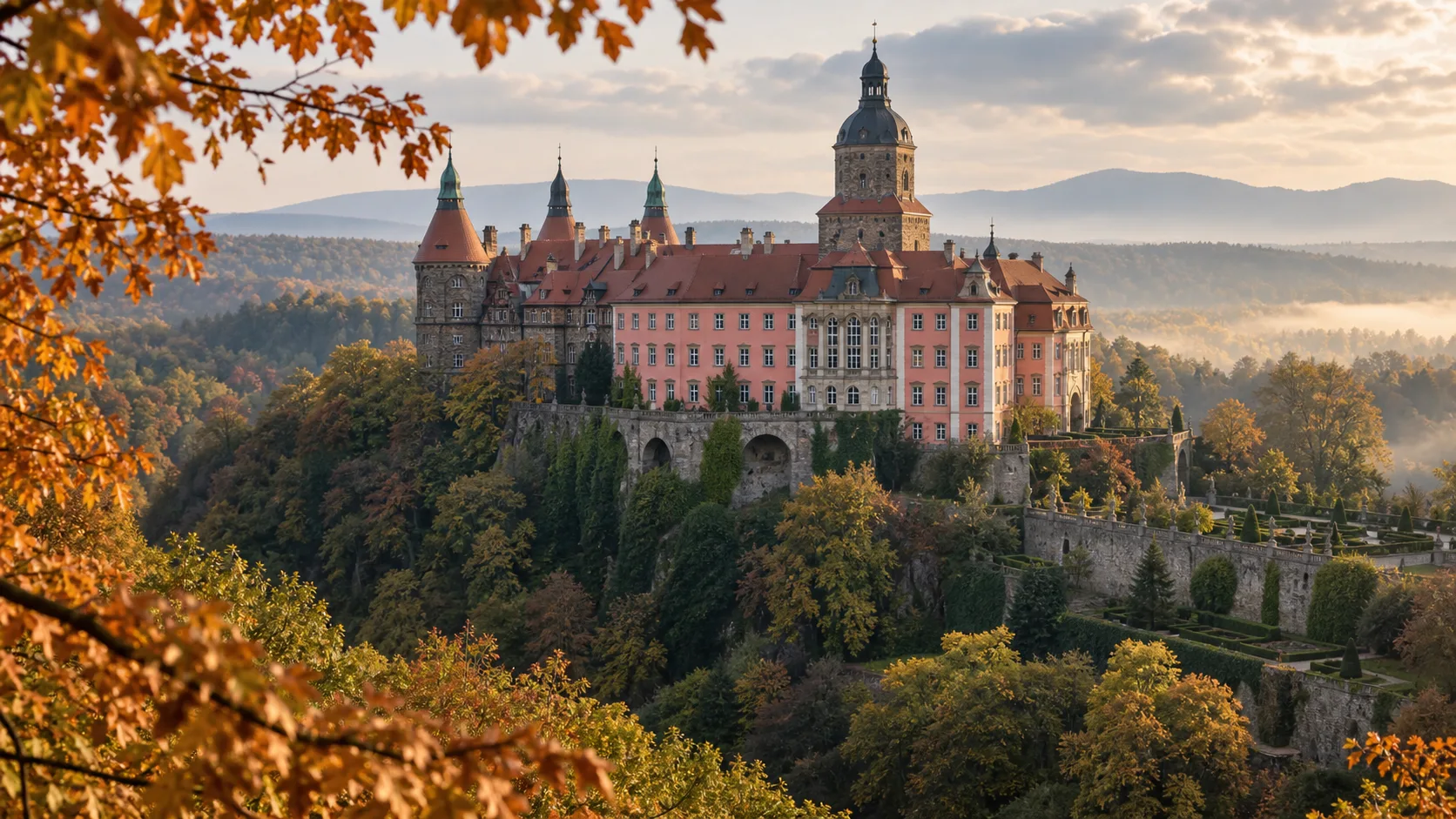 Ksiaz Castle above a forested Lower Silesian ravine in autumn light