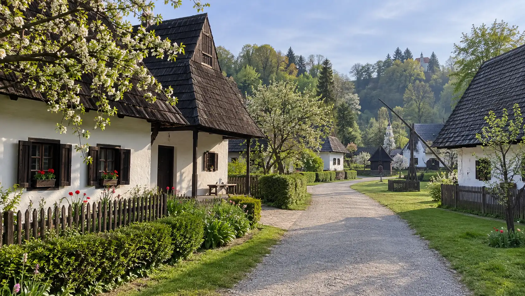 Preserved Zagorje cottages lining a lane in Kumrovec’s Staro Selo museum.