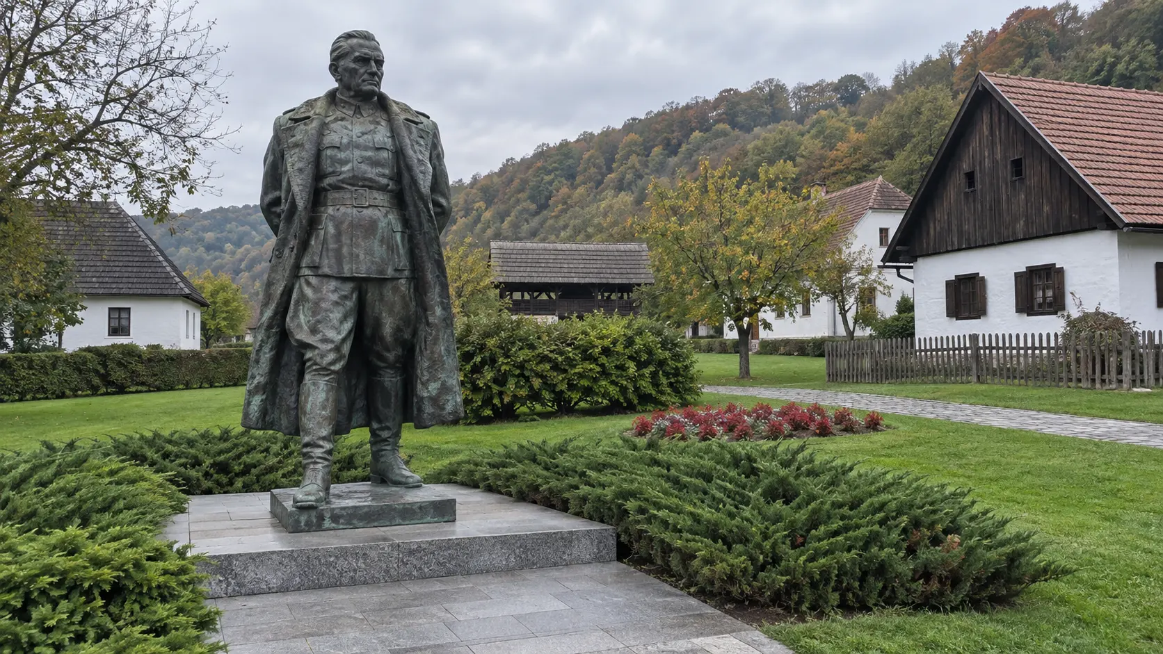 Bronze Tito monument in landscaped grounds in Kumrovec.