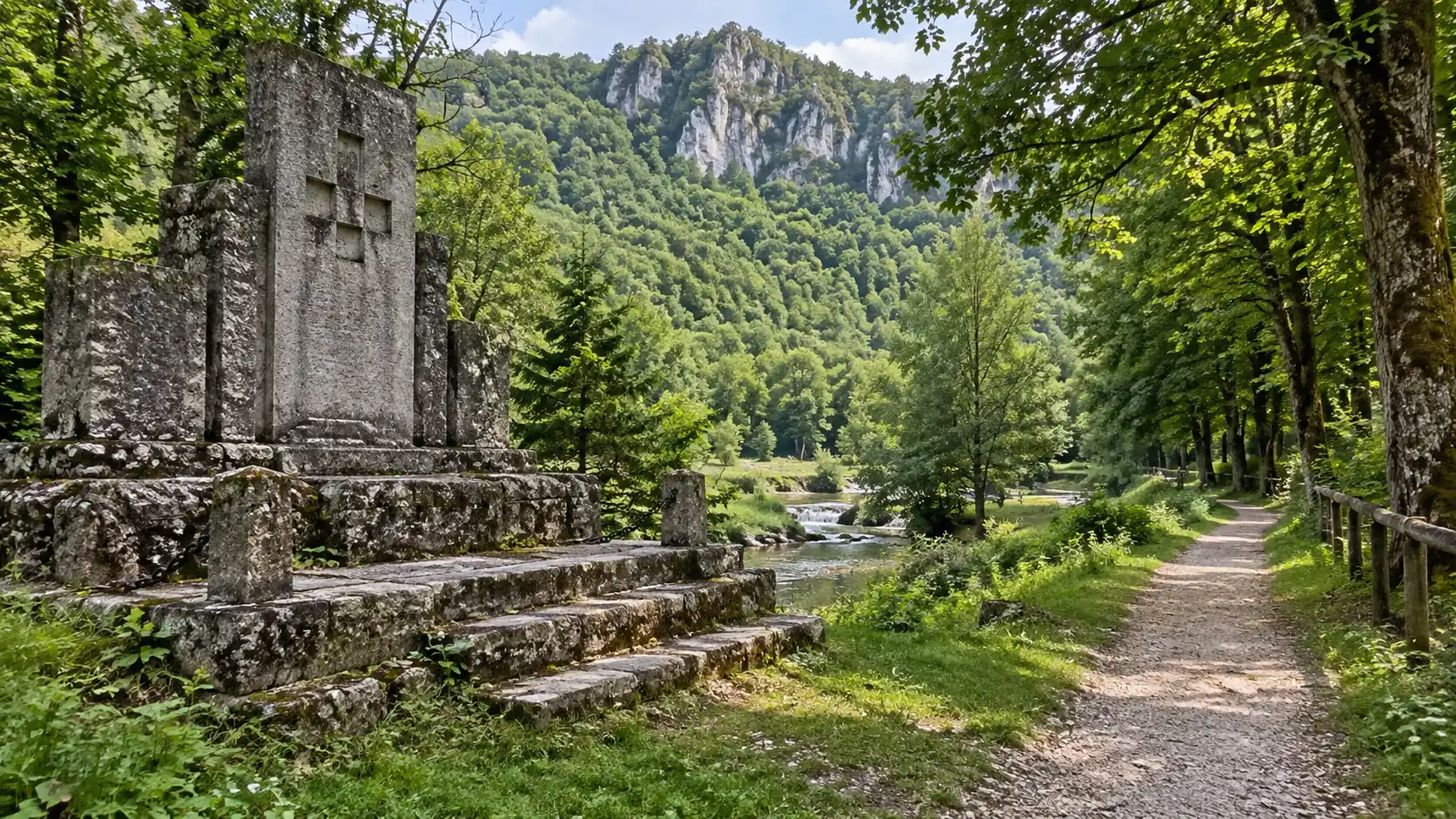 Historic stone memorial beside a wooded path in Zelenjak.