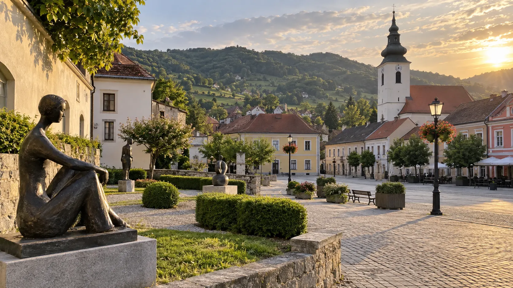Small-town square and sculpture-gallery courtyard in Klanjec.