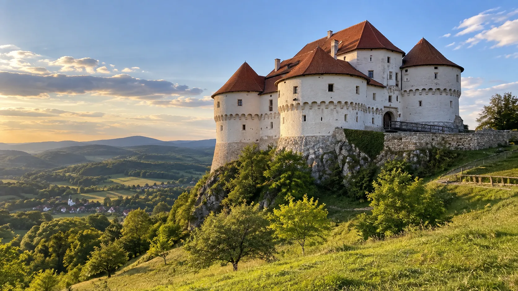 White towers and red roofs of Veliki Tabor Castle above green countryside.