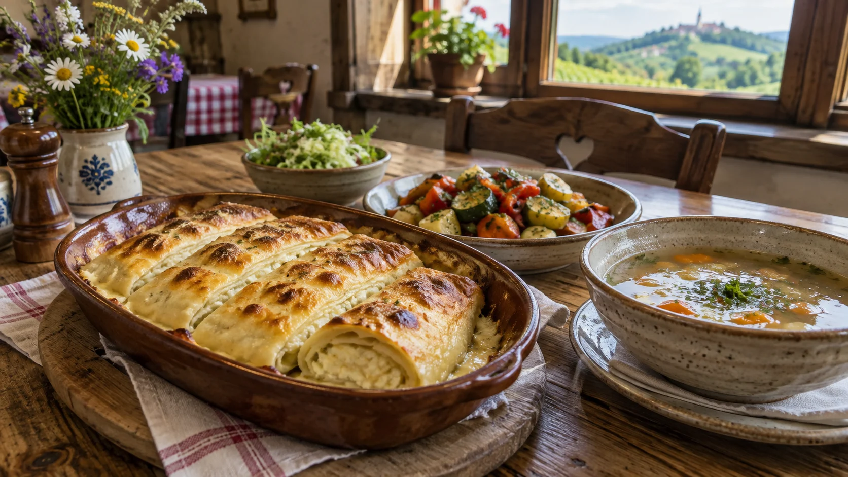 Traditional Zagorje strukli, soup and vegetables on a rustic table.