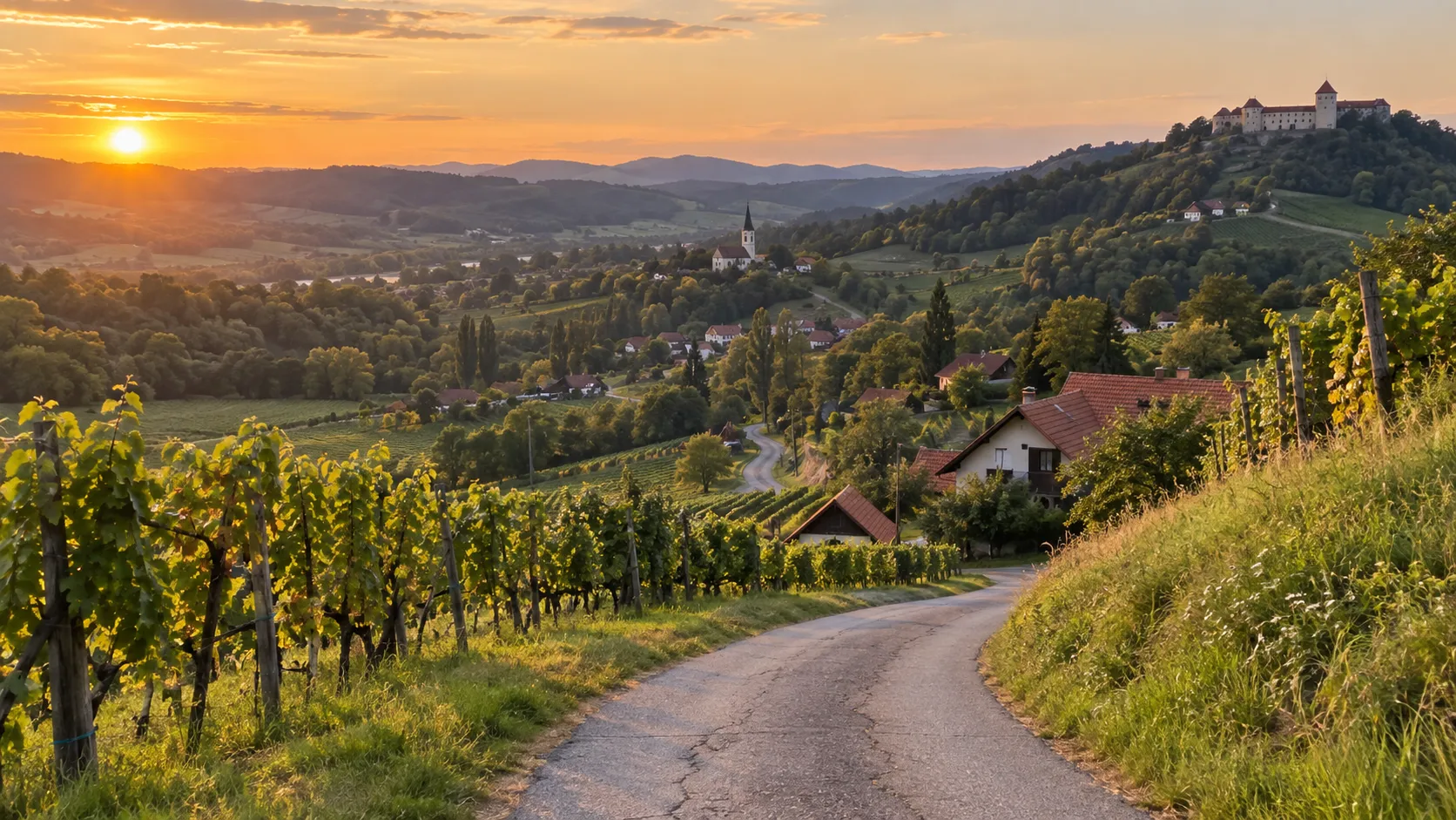Country road winding through vineyards and villages in Croatia’s Zagorje region.