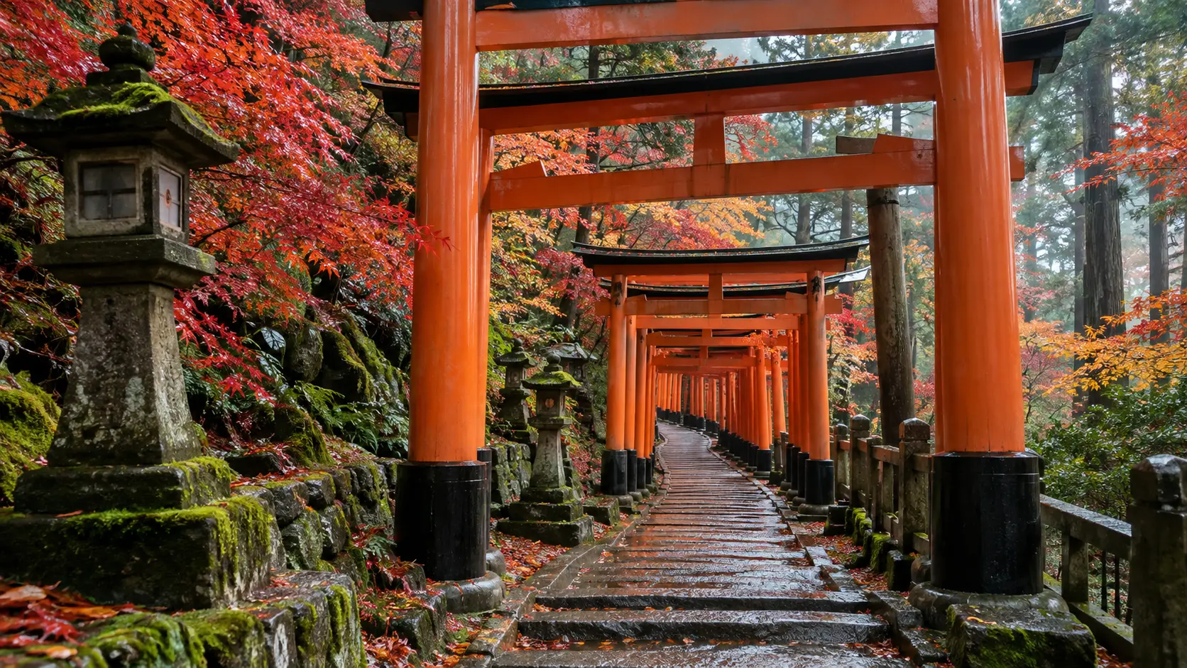 Rain-wet torii gates and autumn maples along Fushimi Inari shrine in Kyoto