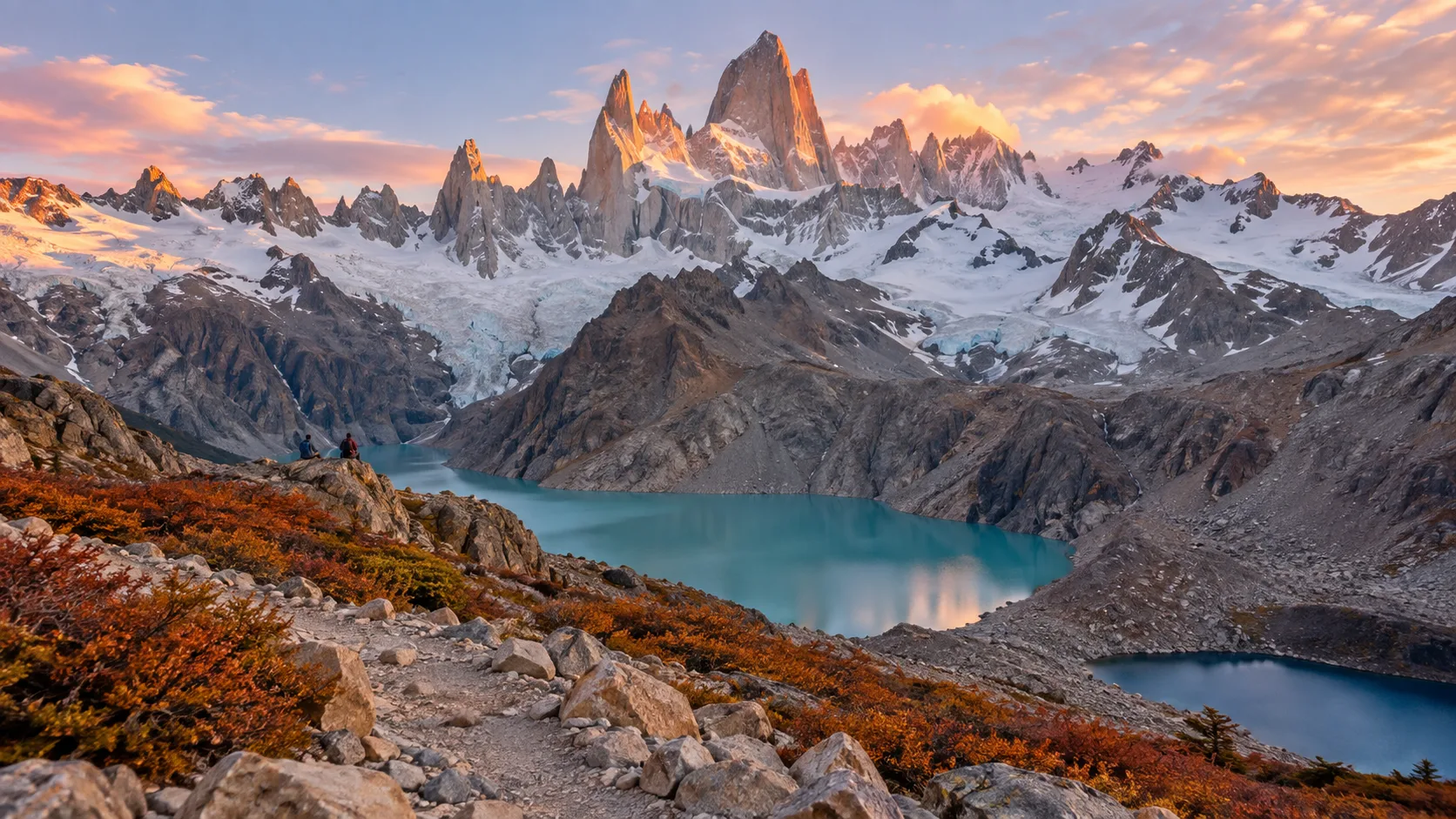 Hikers overlooking Laguna de los Tres beneath Mount Fitz Roy at sunrise.
