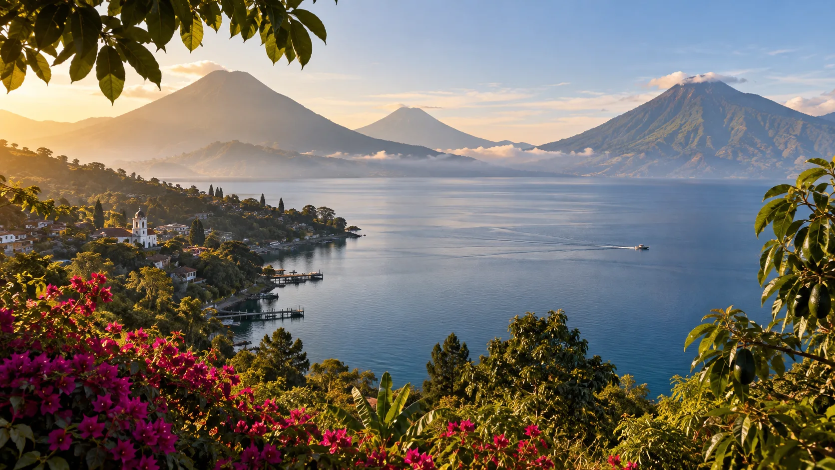Lake Atitlán surrounded by volcanoes and lakeside villages in Guatemala.