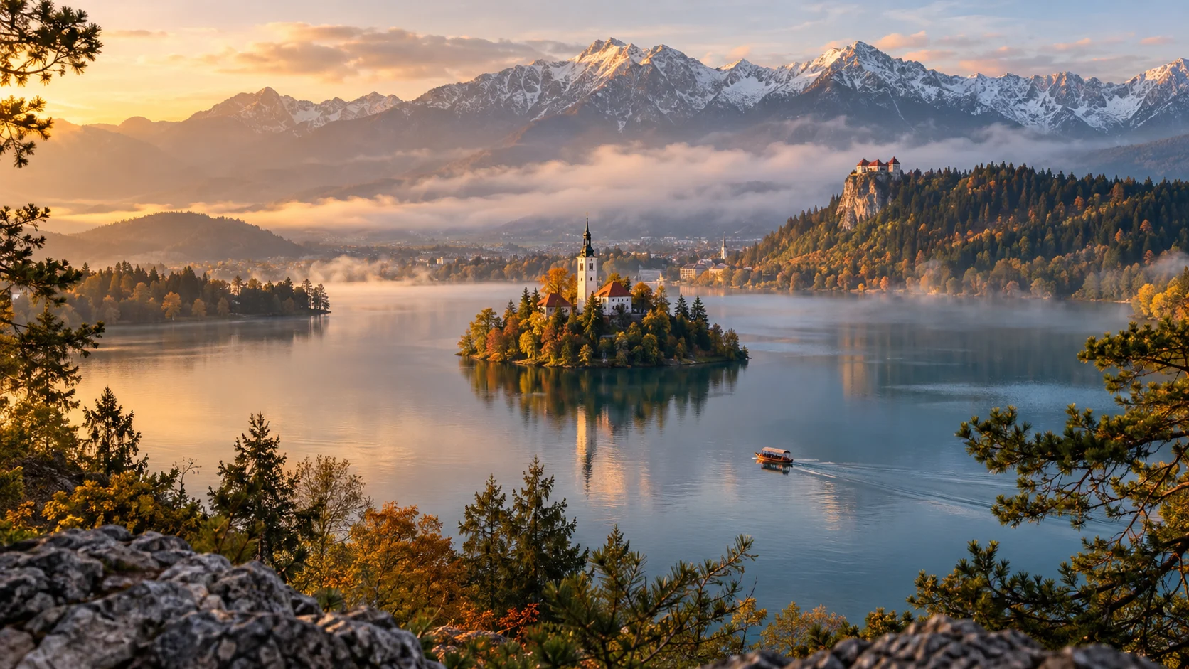 Bled Island and its church reflected beneath the Julian Alps in Slovenia.