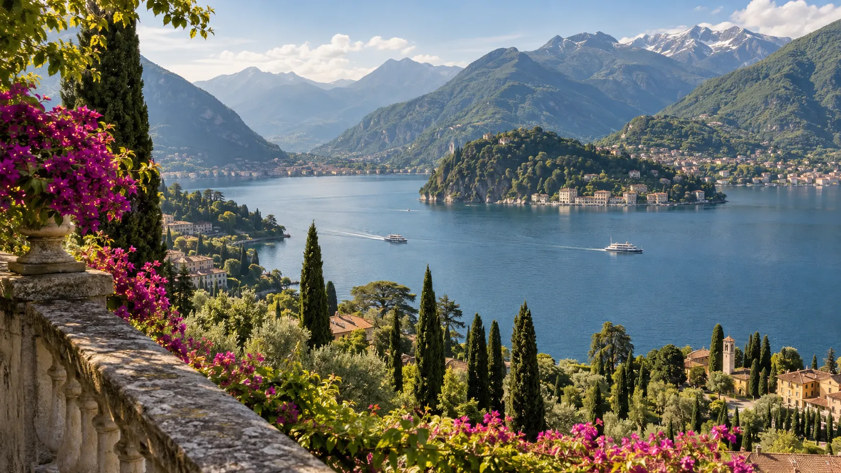 Lake Como's blue water, lakeside villages and mountain gardens viewed above Bellagio.