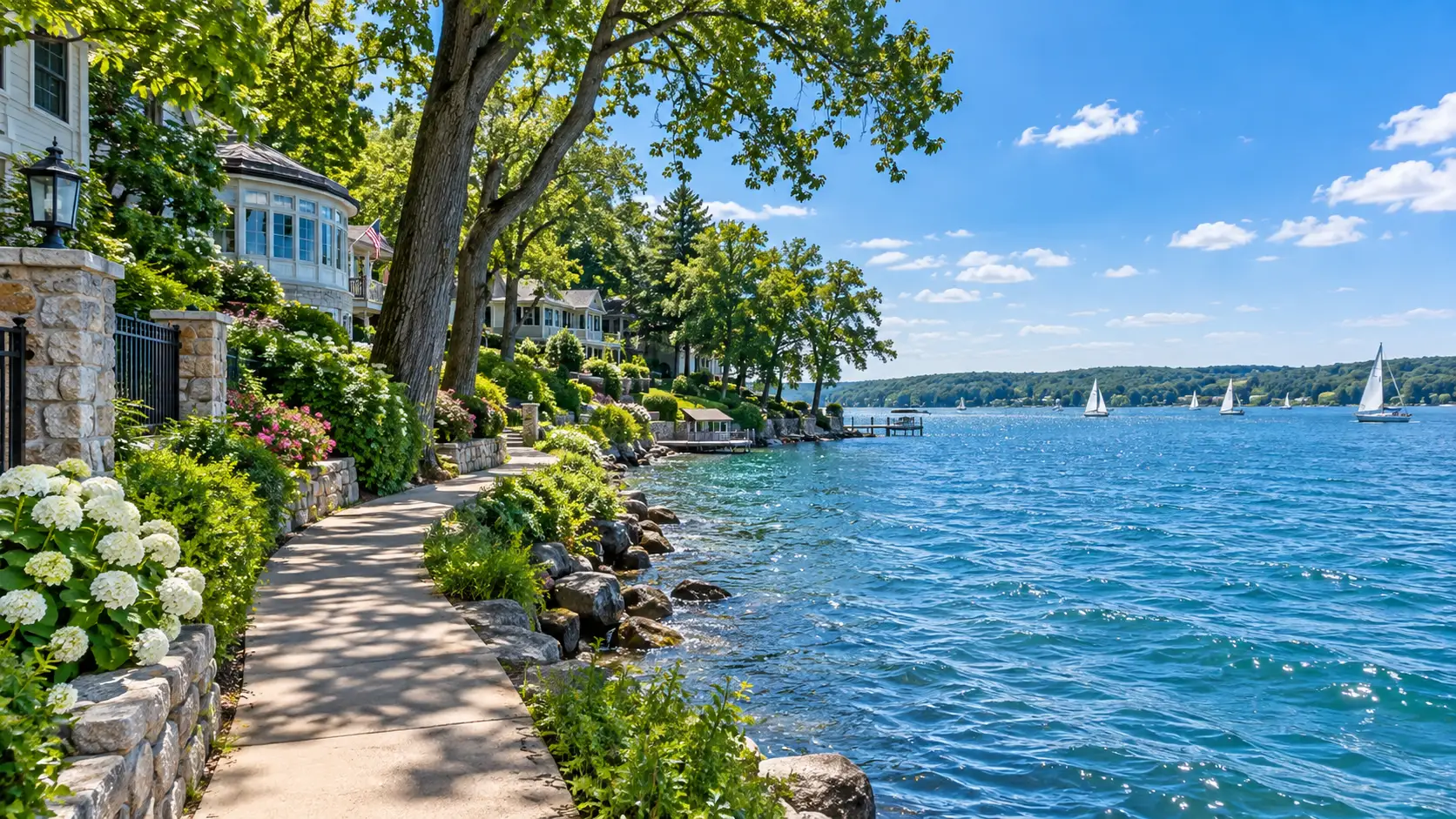 The Lake Geneva Shore Path curves past landscaped lakefront homes and sailboats on blue water.