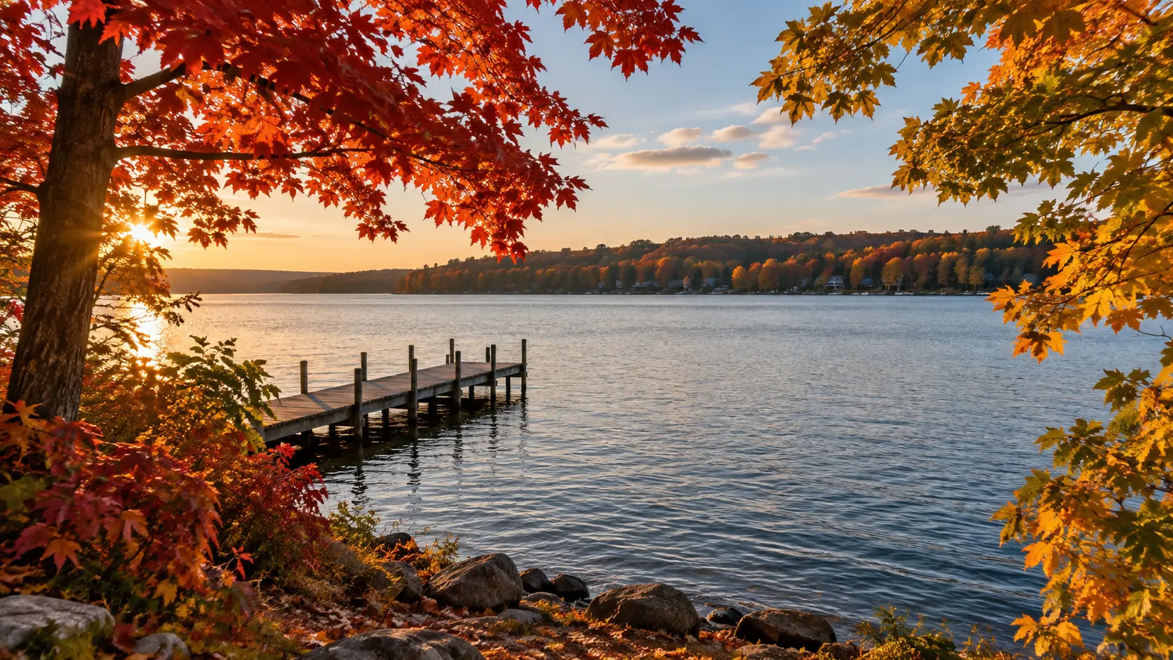 A quiet wooden pier reaches into Geneva Lake beneath brilliant red and gold autumn leaves.