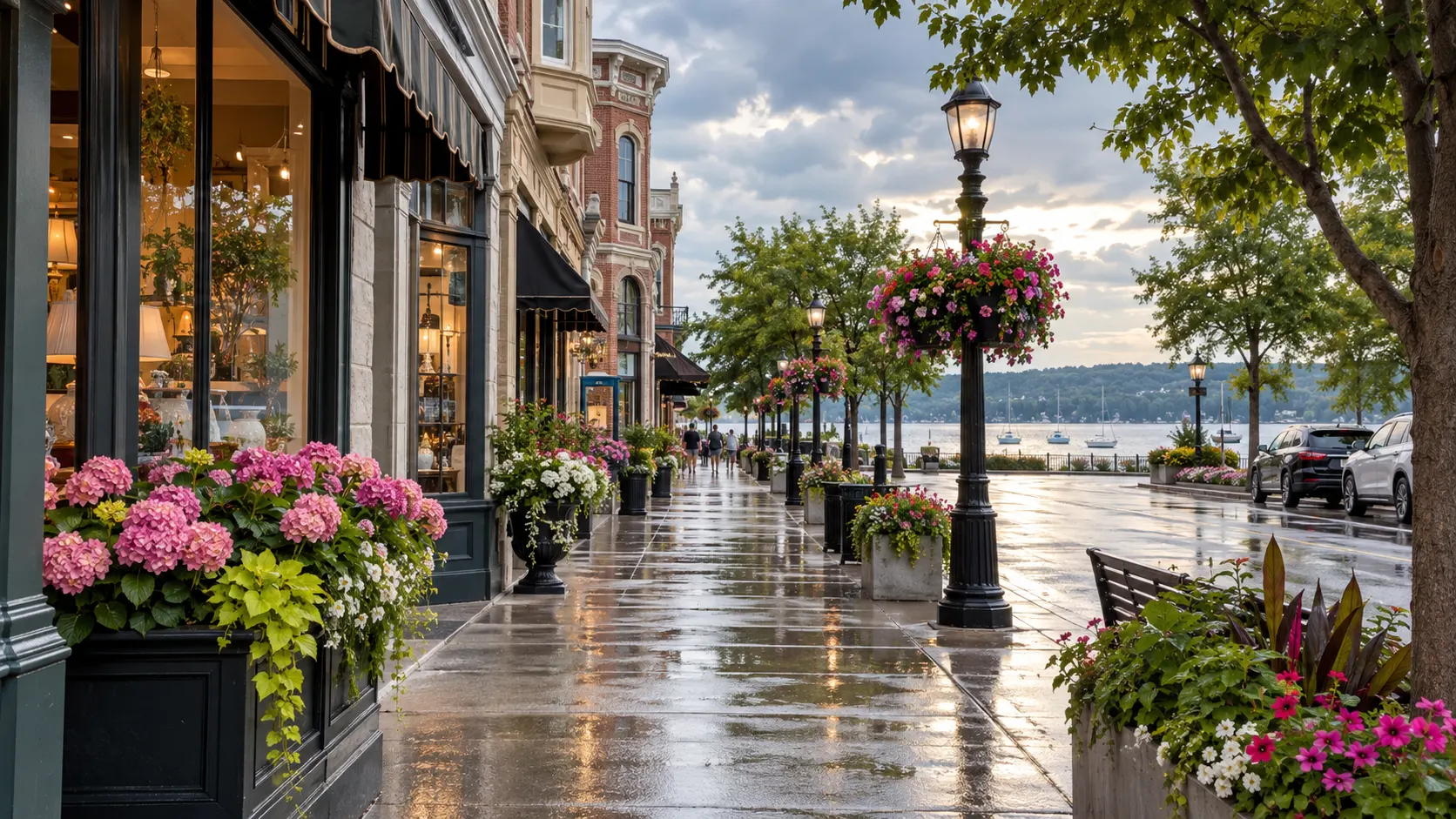 Flower-filled downtown Lake Geneva storefronts and sidewalks gleam after a summer rain.