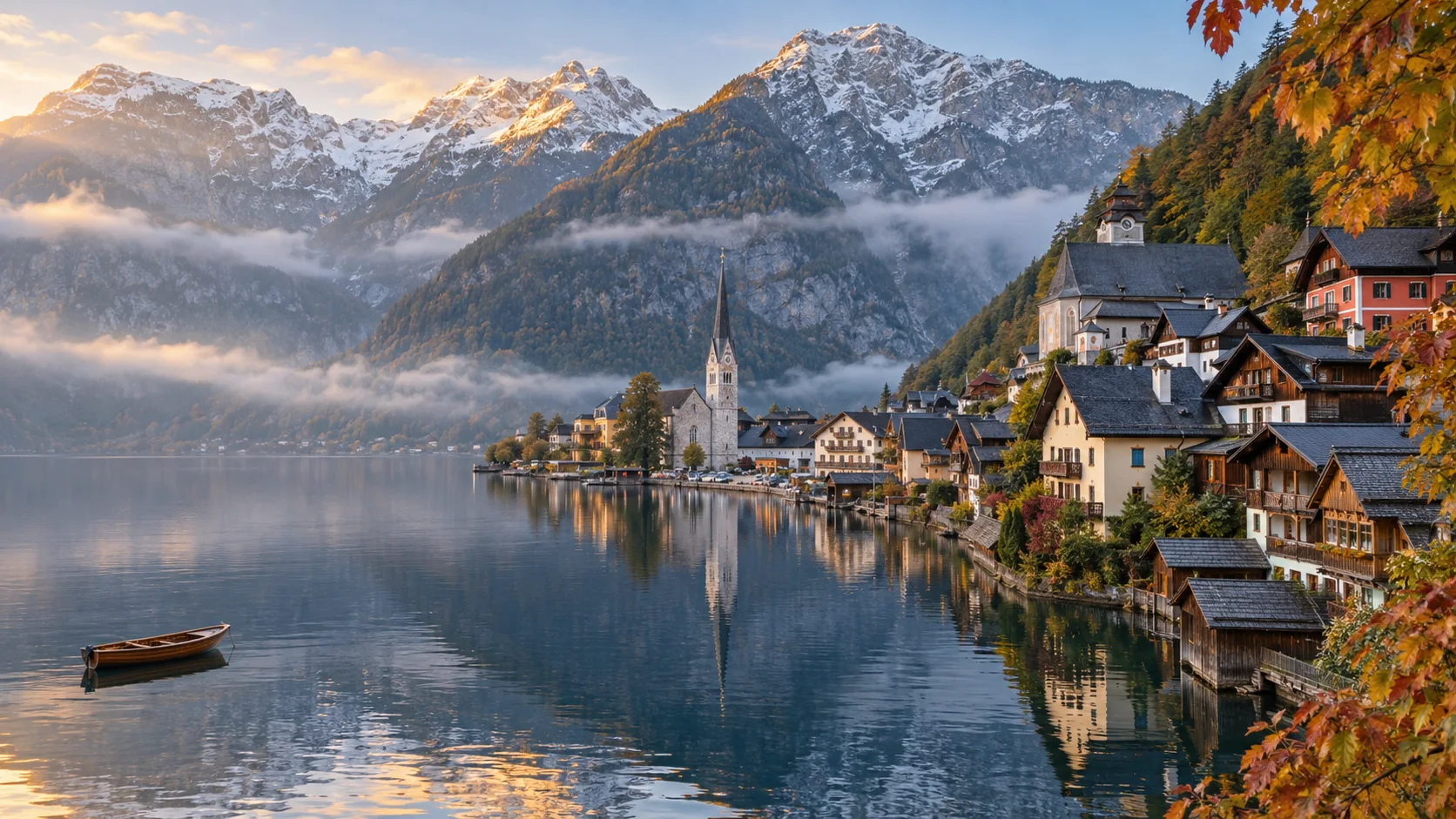 Hallstatt village reflected in its alpine lake beneath the snowy Dachstein Mountains.