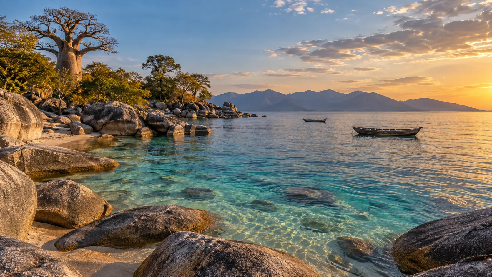 Clear turquoise water, granite boulders and baobabs along the shore of Lake Malawi.