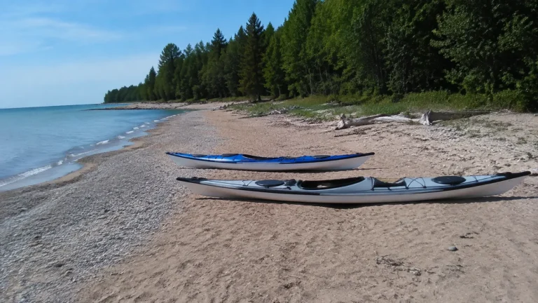 Three kayaks rest on a pebbly beach beside a wooded lakeshore.