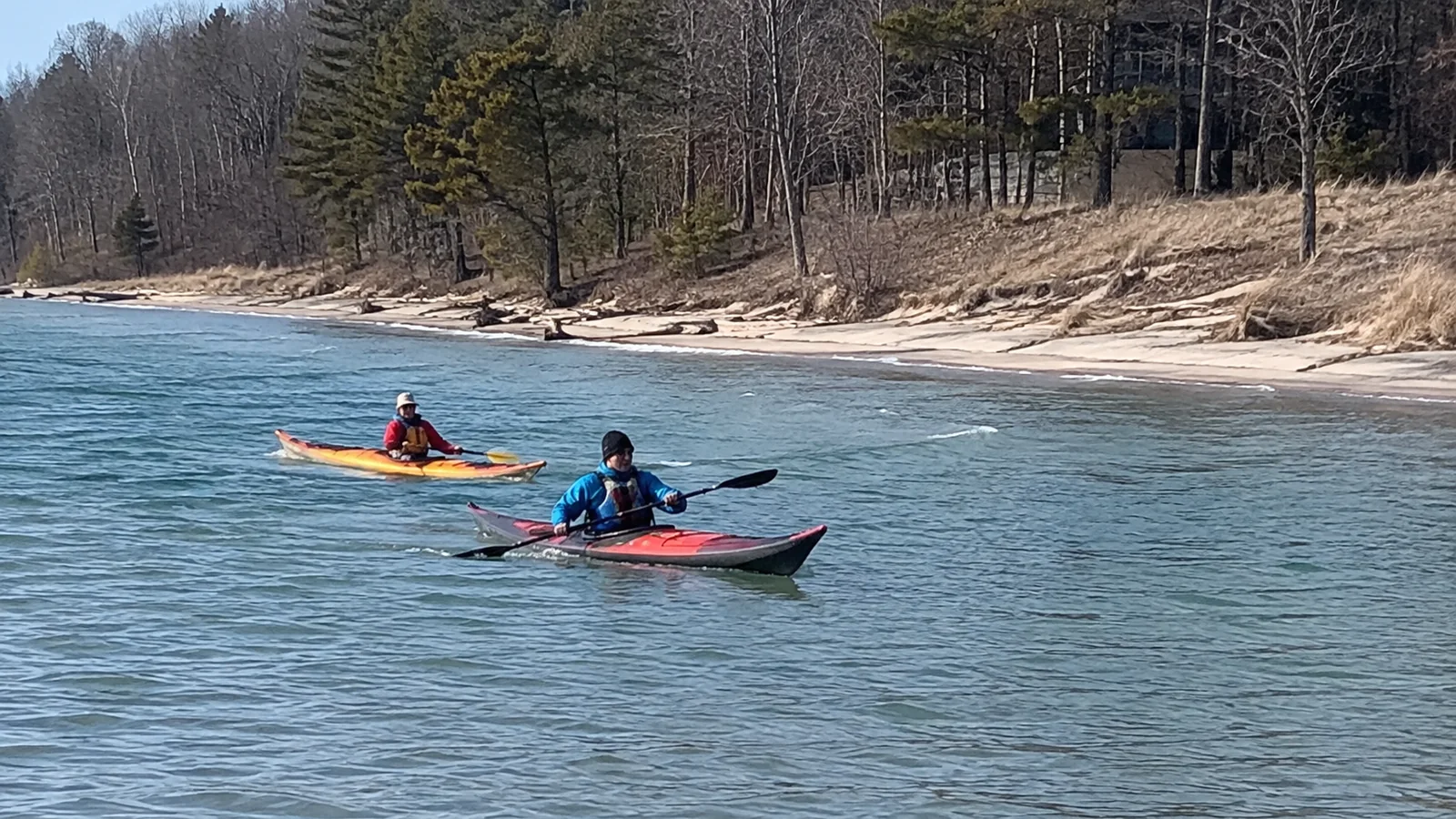 Two kayakers paddle near a wooded shoreline.