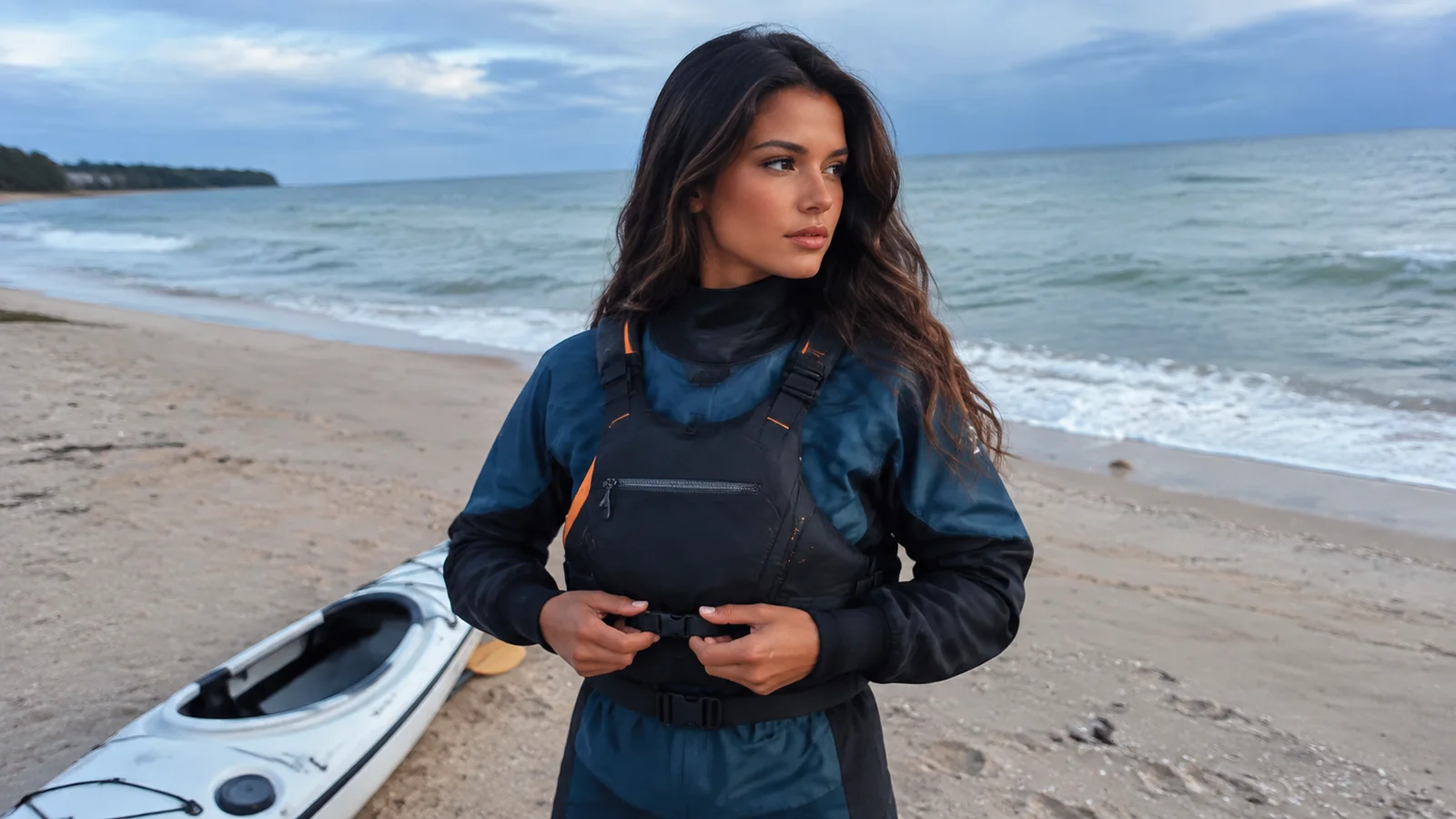 Woman fastens her life jacket beside a kayak at the water's edge.