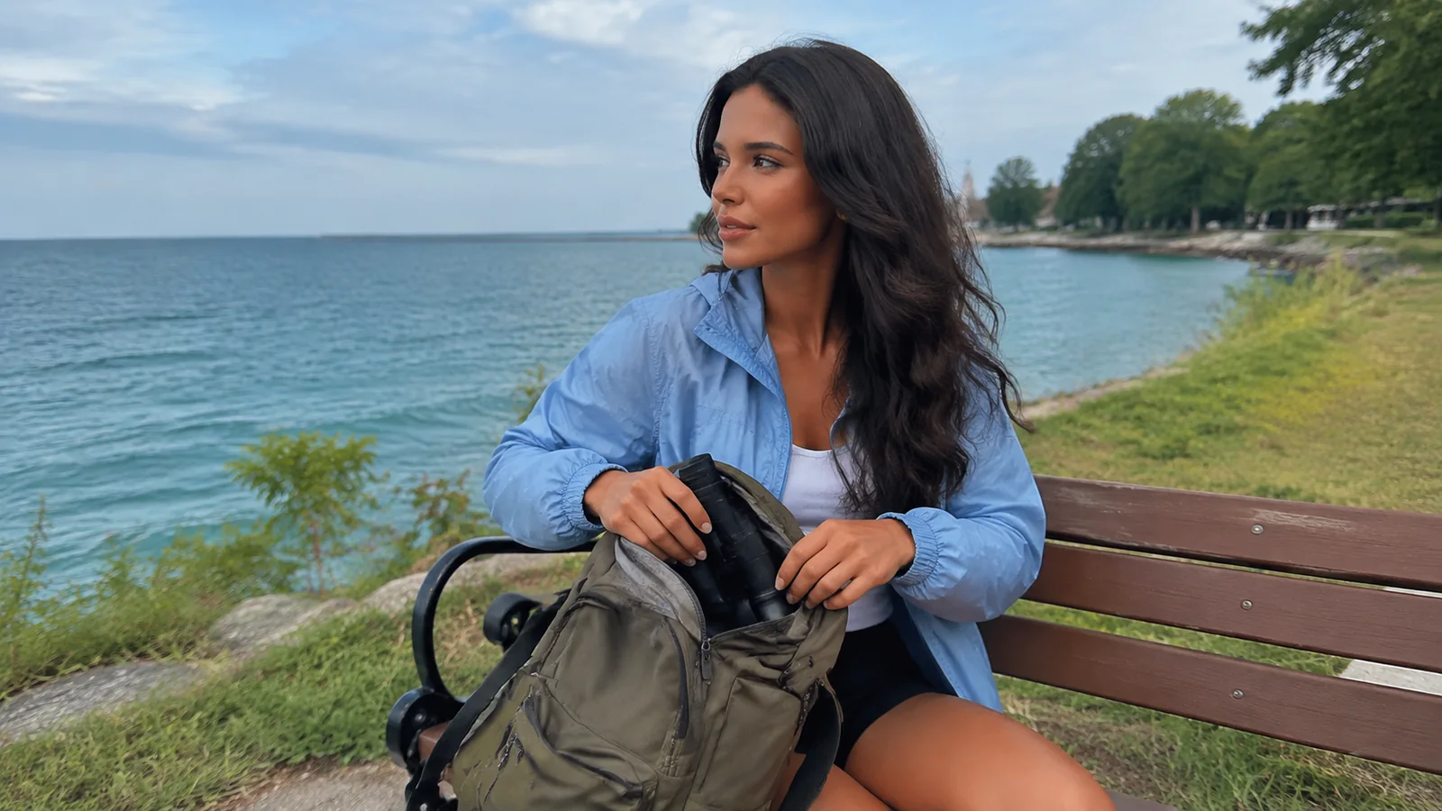 Woman packs a bag while seated on a lakeside bench.