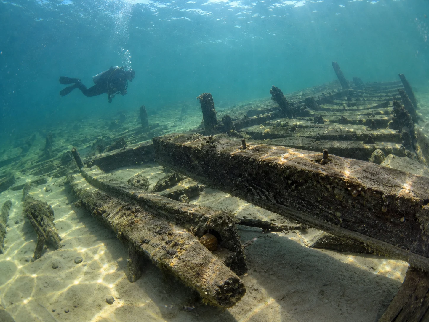 A scuba diver explores the shallow wooden remains of the Appomattox off Milwaukee.