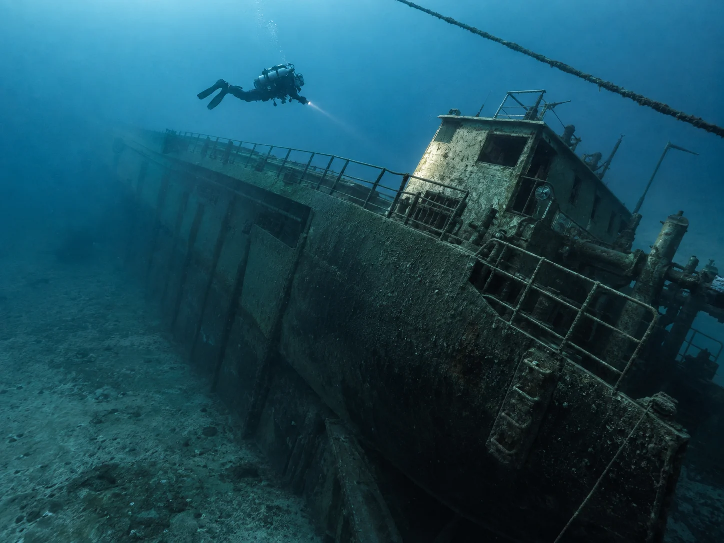 A diver swims above the intact freighter Prins Willem V in deep blue-green water.