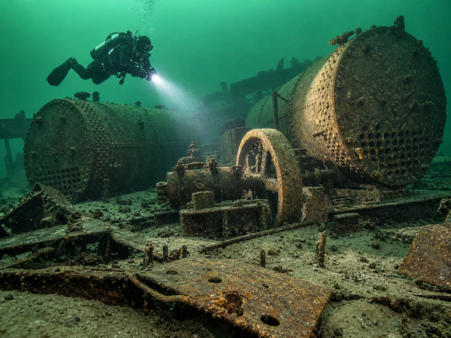 A diver examines boilers and machinery in the Frank O'Connor wreck field near Cana Island.