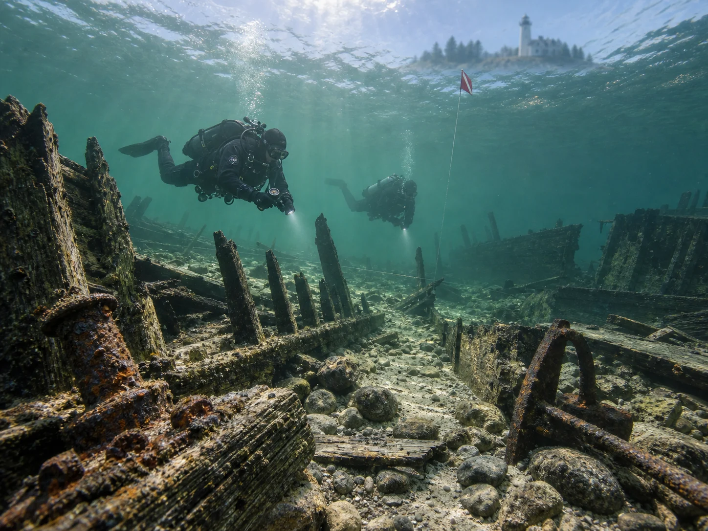 Divers explore scattered shallow shipwreck remains near Pilot Island.