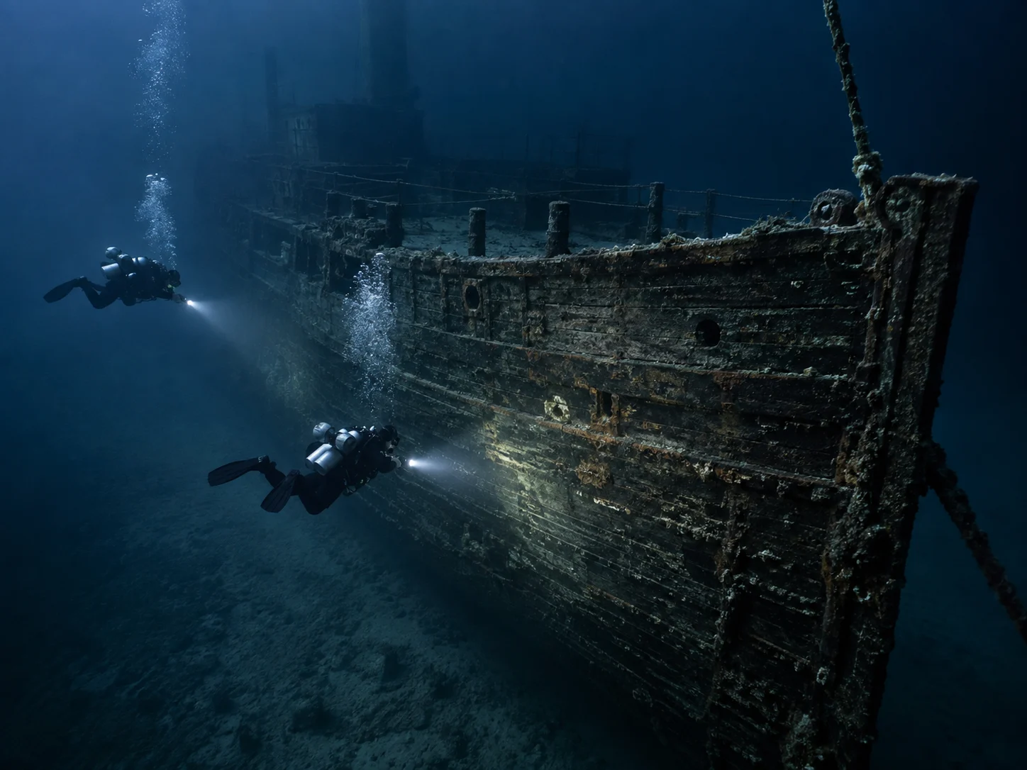 Advanced divers inspect the deep steamship Ironsides off Grand Haven.