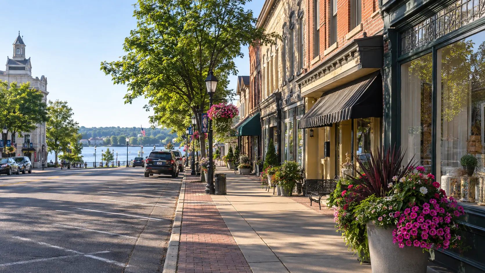 Historic storefronts and bright planters line downtown Lake Mills near the lake.